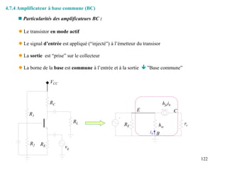 122
 Le transistor en mode actif
 Le signal d’entrée est appliqué (“injecté”) à l’émetteur du transisor
 La sortie est “prise” sur le collecteur
 La borne de la base est commune à l’entrée et à la sortie  ”Base commune”
 Particularités des amplificateurs BC :
4.7.4 Amplificateur à base commune (BC)
VCC
vg
RL
RE
RC
R1
R2
hie
hfeib
ib
rc
RE
E C
B
 