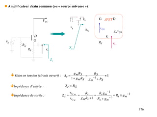 176
vg
RG
G
S
D
vGS
gmvGS
JFET
vs
RS
ve
 Amplificateur drain commun (ou « source suiveuse »)
 Gain en tension (circuit ouvert) : 1
1 1






S
m
S
S
m
S
m
v
R
g
R
R
g
R
g
A
Ze
Impédance d’entrée : G
e R
Z 
RS
RG
VCC
vg
vs
S
D
Impédance de sortie : 1
1
1
//
1
.
.
. 







 m
s
m
s
m
s
s
m
s
s
s
s g
R
g
R
g
R
R
g
R
i
v
Z
c
c
o
c
Zs
 