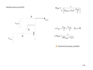 178
 
P
com
DS
V
V
k
R



1
Amélioration possible:
ventrée
vsortie
Vcom
R
R1
R1 2
2
com
DS
GS
V
V
V 

  
0

G
I
 Linéarité presque parfaite
  










2
DS
P
GS
DS
V
V
V
k
R
 
