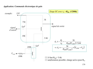 179
Application: Commande électronique de gain
exemple: 15V
75k
50k
5k
1µF
1µF
100k
100k
signal
d’entrée
signal de sortie
Vcom
 
 
 
p
com
com
DS
v
com
DS
E
c
v
V
V
V
R
k
A
k
V
R
k
r
R
A









5
6
,
5
//
5
Etage EC avec rE =RDS (//200k)
5.6k
 il faut RDS< 5.6k
 amélioration possible: charge active pour RE.
 