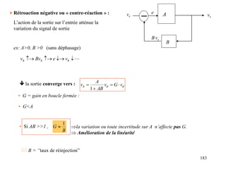 183
A
B
ve vs
e
B.vs
Rétroaction négative ou « contre-réaction » :
L’action de la sortie sur l’entrée atténue la
variation du signal de sortie




 s
s
s v
e
Bv
v
ex: A>0, B >0 (sans déphasage)
 la sortie converge vers : e
e
s v
G
v
AB
A
v 



1
• G = gain en boucle fermée :
• G<A
• Si AB >>1 ,
B
G
1
 la variation ou toute incertitude sur A n’affecte pas G.
 Amélioration de la linéarité
 B = “taux de réinjection”
 