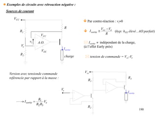 190
 Exemples de circuits avec rétroaction négative :
Sources de courant
Version avec tensionde commande
reférencée par rapport à la masse :
Isortie
Ve
R1
R2
R3
Vcc
e
sortie V
R
R
R
I
3
2
1



 Par contre-réaction : vi0
R
V
V
I e
cc
sortie


 (hyp: hFE élevé , AO parfait)
VCC
VCC
VEE
charge
Isortie
R1
R2
R
vi
Ve
 Isortie  indépendant de la charge,
(à l’effet Early près)
 tension de commande = Vcc-Ve
A.O.
 