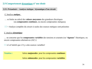 34
2.5 Comportement dynamique d ’une diode
2.5.1 Préambule : Analyse statique / dynamique d’un circuit
L’Analyse dynamique
… ne concerne que les composantes variables des tensions et courants (ou “signaux” électriques, ou
encore composantes alternatives (AC) )
 n’a d’intérêt que s’il y a des sources variables!
L’Analyse statique
… se limite au calcul des valeurs moyennes des grandeurs électriques
(ou composantes continues, ou encore composantes statiques)
 = Analyse complète du circuit si seules des sources statiques sont présentes
Notation : lettres majuscules pour les composantes continues
lettres minuscules pour les composantes variables
 
