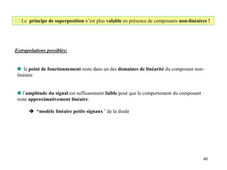 40
 Le principe de superposition n’est plus valable en présence de composants non-linéaires !
Extrapolations possibles:
 le point de fonctionnement reste dans un des domaines de linéarité du composant non-
linéaire
 l’amplitude du signal est suffisamment faible pour que le comportement du composant
reste approximativement linéaire.
 “modèle linéaire petits signaux” de la diode
 