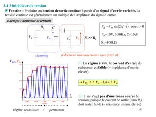 61
3.4 Multiplieur de tension
 Fonction : Produire une tension de sortie continue à partir d’un signal d’entrée variable. La
tension continue est généralement un multiple de l’amplitude du signal d’entrée.
Exemple : doubleur de tension
clamping redresseur monoalternance avec filtre RC
~
Vg Rc>> Rg
Rg
VD1 VRc
Vm=10V, f=50Hz, C=10µF
Rc=100kW.
C
Cl
  0
pour
2
sin 

 t
t
f
V
V m
g 
t
VD1 ,VRc
régime transitoire / permanent
 En régime établi, le courant d’entrée du
redresseur est faible (~ impédance d’entrée
élevée)
m
m
R V
V
V c





 2
4
,
1
2
 Il ne s’agit pas d’une bonne source de
tension, puisque le courant de sortie (dans Rc)
doit rester faible (~ résistance interne élevée)
 