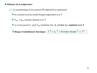76
 Influence de la température
 La caractéristique d’une jonction PN dépend de la température
 les courants inverses (mode bloqué) augmentent avec T
 VBE, à IB,E constant, diminue avec T
 ou réciproquement : pour VBE maintenue fixe, IE (et donc IC) augmente avec T
 Risque d’emballement thermique : 





 T
dissipée
Puissance
C
I
T
 