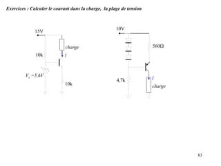 83
Exercices : Calculer le courant dans la charge, la plage de tension
15V
10k
10k
Vz =5,6V
charge
I
10V
560W
4,7k I
charge
 