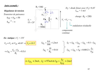 97
En statique : Ve = 15V
VD  VZ et VBE 0.6V  VS  10 V
A
R
V
V
I S
e
R 5
.
0
1
1




A
R
I
L
RL
4
.
0
10


mA
IR 2
,
1
500
6
.
0
2

 z
L
Z D
R
D
R
C I
I
I
I
I 



 1
.
0
1
et
fe
C
B
R
D
h
I
I
I
I z



 0012
.
0
2
mA
h
I
I
mA
I
mA
I
FE
C
B
C
DZ
2
et
97
,
3 




Autre exemple :
Régulateur de tension
composante
continue
DZ = diode Zener avec |VZ|=9,4V
Imin = 1 mA
C
.
DZ
T RL
Ve =
15 ± 2V
R1=10W
R2
= 500W
Vs =VS + vs
B .
50

 fe
FE h
h


~
1
oe
h
W
 25
L
R
Transistor de puissance
ondulation résiduelle
IDz IC
IR2
charge:
 