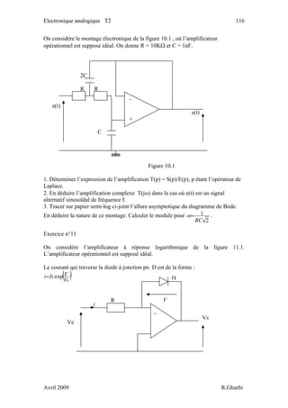 Electronique analogique T2 116
On considère le montage électronique de la figure 10.1 , où l’amplificateur
opérationnel est supposé idéal. On donne R = 10KΩ et C = 1nF.
-
e(t)
s(t)
+
Figure 10.1
1. Déterminer l’expression de l’amplification T(p) = S(p)/E(p), p étant l’opérateur de
Laplace.
2. En déduire l’amplification complexe T(jω) dans le cas où e(t) est un signal
alternatif sinusoïdal de fréquence f.
3. Tracer sur papier semi-log ci-joint l’allure asymptotique du diagramme de Bode.
En déduire la nature de ce montage. Calculer le module pour
2
1
RC
=ω .
Exercice n°11
On considère l’amplificateur à réponse logarithmique de la figure 11.1.
L’amplificateur opérationnel est supposé idéal.
Le courant qui traverse la diode à jonction pn D est de la forme :
( )0
exp
V
VIsi=
Ve
C
2C
R R
R
V
i
D
R
-
+
Vs
Avril 2009 R.Gharbi
 