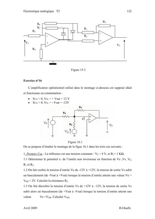 Electronique analogique T2 122
Figure 15.3
Exercice n°16
L’amplificateur opérationnel utilisé dans le montage ci-dessous est supposé idéal
et fonctionne en commutation :
• Si ε > 0, Vs1 = + Vsat = 12 V
• Si ε < 0, Vs1 = - Vsat = -12V
On se propose d’étudier le montage de la figue 16.1 dans les trois cas suivants :
1. Premier Cas : La référence est une tension constante : V0 = 4 V, et R1= 1 KΩ.
1.1 Déterminer le potentiel e+ de l’entrée non inverseuse en fonction de Ve ,Vs, V0,
R1 et R2.
1.2 On fait croître la tension d’entrée Ve de -12V à +12V, la tension de sortie Vs subit
un basculement (de -Vsat à +Vsat) lorsque la tension d’entrée atteint une valeur Ve =
VBH = 2V. Calculer la résistance R2.
1.3 On fait décroître la tension d’entrée Ve de +12V à –12V, la tension de sortie Vs
subit alors un basculement (de +Vsat à -Vsat) lorsque la tension d’entrée atteint une
valeur Ve =VHB. Calculer VHB.
R1
R2
R6
R7
V3
R5
R4
-
+
-
+
R3
V5
Figure 16.1
Avril 2009 R.Gharbi
 