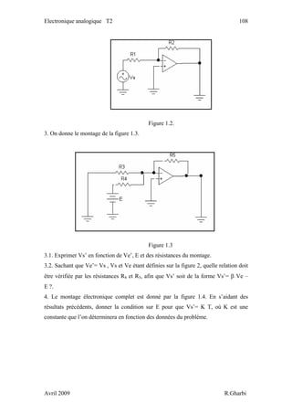 Electronique analogique T2 108
Figure 1.2.
3. On donne le montage de la figure 1.3.
Figure 1.3
3.1. Exprimer Vs’ en fonction de Ve’, E et des résistances du montage.
3.2. Sachant que Ve’= Vs , Vs et Ve étant définies sur la figure 2, quelle relation doit
être vérifiée par les résistances R4 et R5, afin que Vs’ soit de la forme Vs’= β Ve –
E ?.
4. Le montage électronique complet est donné par la figure 1.4. En s’aidant des
résultats précédents, donner la condition sur E pour que Vs’= K T, où K est une
constante que l’on déterminera en fonction des données du problème.
Avril 2009 R.Gharbi
 