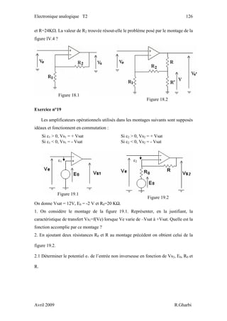 Electronique analogique T2 126
et R=24KΩ. La valeur de R2 trouvée résout-elle le problème posé par le montage de la
figure IV.4 ?
Figure 18.1
Figure 18.2
Exercice n°19
Les amplificateurs opérationnels utilisés dans les montages suivants sont supposés
idéaux et fonctionnent en commutation :
Si ε1 > 0, Vs1 = + Vsat
Si ε1 < 0, Vs1 = - Vsat
Si ε2 > 0, Vs2 = + Vsat
Si ε2 < 0, Vs2 = - Vsat
ε2ε1
Figure 19.1
Figure 19.2
On donne Vsat = 12V, E0 = -2 V et R0=20 KΩ.
1. On considère le montage de la figure 19.1. Représenter, en la justifiant, la
caractéristique de transfert Vs1=f(Ve) lorsque Ve varie de –Vsat à +Vsat. Quelle est la
fonction accomplie par ce montage ?
2. En ajoutant deux résistances R0 et R au montage précédent on obtient celui de la
figure 19.2.
2.1 Déterminer le potentiel e+ de l’entrée non inverseuse en fonction de Vs2, E0, R0 et
R.
Avril 2009 R.Gharbi
 