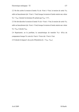 Electronique analogique T2 127
2.2 On fait croître la tension d’entrée Ve de -Vsat à +Vsat, la tension de sortie Vs2
subit un basculement (de +Vsat à –Vsat) lorsque la tension d’entrée atteint une valeur
Ve = VHB. Calculer la résistance R sachant que VHB = 8 V ,
2.3 On fait décroître la tension d’entrée Ve de +Vsat à –Vsat, la tension de sortie Vs2
subit un basculement (de -Vsat à +Vsat) lorsque la tension d’entrée atteint une valeur
Ve =VBH. Calculer VBH.
2.4 Représenter, en la justifiant, la caractéristique de transfert Vs2= f(Ve) du
comparateur lorsque Ve varie de -Vsat à +Vsat et de +Vsat à -Vsat.
2.5 Calculer la largeur L du cycle d’Hystérésis (L = VHB - VBH )
Avril 2009 R.Gharbi
 