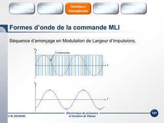 Électronique de puissance
et Variation de Vitesse© M. ZEGRARI
107
Séquence d’amorçage en Modulation de Largeur d’Impulsions.
t
ia
t
va
Fondamentale
Formes d’onde de la commande MLI
Onduleurs
Triphasés
Variateurs de
vitesse MAS
Onduleurs
Monophasés
Gradateurs
Ondes
Gradateurs
Contrôle Phase
 