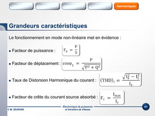 Électronique de puissance
et Variation de Vitesse© M. ZEGRARI
41
Le fonctionnement en mode non-linéaire met en évidence :
 Facteur de puissance :
 Facteur de déplacement :
 Taux de Distorsion Harmonique du courant :
 Facteur de crête du courant source absorbé :
Grandeurs caractéristiques
Variateurs Sources HarmoniquesConvertisseurs SourcesInterrupteurs
 