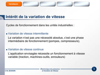 Électronique de puissance
et Variation de Vitesse
Cycles de fonctionnement dans les unités industrielles :
 Variation de vitesse intermittente
La variation n’est pas une nécessité absolue, c’est une phase
intermédiaire de fonctionnement (pompes, compresseurs).
 Variation de vitesse continue
L’application envisagée nécessite un fonctionnement à vitesse
variable (traction, machines-outils, enrouleurs)
5
Intérêt de la variation de vitesse
© M. ZEGRARI
Sources Sources HarmoniquesInterrupteursConvertisseursVariateurs
 