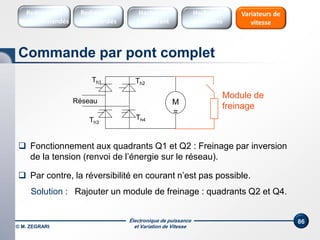 Électronique de puissance
et Variation de Vitesse
86
 Fonctionnement aux quadrants Q1 et Q2 : Freinage par inversion
de la tension (renvoi de l’énergie sur le réseau).
Réseau M
=
Th2
Th1
Th3
Th4
Module de
freinage
 Par contre, la réversibilité en courant n’est pas possible.
Solution : Rajouter un module de freinage : quadrants Q2 et Q4.
Commande par pont complet
Redresseurs
Commandés
Redresseurs
Non commandés
Hacheurs
1 Quadrant
Variateurs de
vitesse
Hacheurs
réversibles
© M. ZEGRARI
 