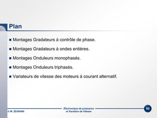 Électronique de puissance
et Variation de Vitesse© M. ZEGRARI
90
Plan
 Montages Gradateurs à contrôle de phase.
 Montages Gradateurs à ondes entières.
 Montages Onduleurs monophasés.
 Montages Onduleurs triphasés.
 Variateurs de vitesse des moteurs à courant alternatif.
 