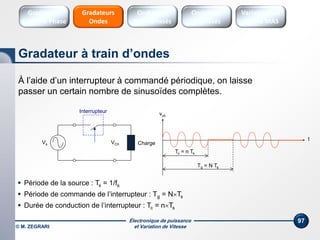 Électronique de puissance
et Variation de Vitesse© M. ZEGRARI
97
À l’aide d’un interrupteur à commandé périodique, on laisse
passer un certain nombre de sinusoïdes complètes.
Onduleurs
Triphasés
Variateurs de
vitesse MAS
Onduleurs
Monophasés
Gradateurs
Ondes
Gradateur à train d’ondes
Gradateurs
Contrôle Phase
Interrupteur
Vs Charge
vch
t
VCh
 Période de la source : Ts = 1/fs
 Période de commande de l’interrupteur : Tg = NTs
 Durée de conduction de l’interrupteur : Tc = nTs
Tg = N Ts
Tc = n Ts
 