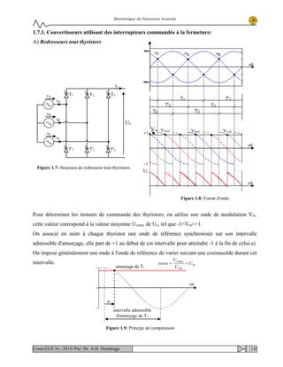 Electronique de Puissance Avancée
1.7.1. Convertisseurs utilisant des interrupteurs commandés à la fermeture:
A) Redresseurs tout thyristors
Pour déterminer les instants de commande des thyristors, on utilise une onde de modulation Vm.
cette valeur correspond à la valeur moyenne Ucmoy de Uc, tel que -1<Vm<+1.
On associé en suite à chaque thyristor une onde de référence synchronisée sur son intervalle
admissible d'amorçage, elle part de +1 au début de cet intervalle pour atteindre -1 à la fin de celui-ci.
On impose généralement une onde à l'onde de référence de varier suivant une cosinusoïde durant cet
intervalle.
T1 T2 T3
T'3T'2T'1
iB
iC
vA
vB
vC
iA
cU
ci
Figure 1.7: Structure du redresseur tout thyristors.
mV ArefV refBV refCV
cU
+1
-1
Figure 1.8: Forme d'onde.
ωt
α
intervalle admissible
d'amorçage de T1
amorçage de T1
m
c
cmoy
U
U
U
==α
0
cos
Figure 1.9: Principe de comparaison
10Cours/ELP.Av./2015//Par: Dr. A.H. Dendouga
 