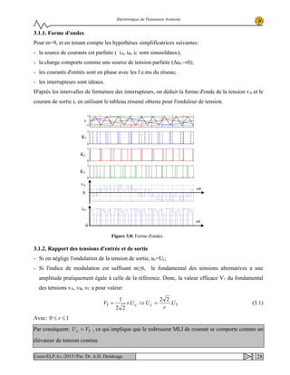 Electronique de Puissance Avancée
3.1.1. Forme d'ondes
Pour m=9, et en tenant compte les hypothèses simplificatrices suivantes:
- la source de courants est parfaite ( iA, iB, iC sont sinusoïdaux);
- la charge comporte comme une source de tension parfaite (Δuc→0);
- les courants d'entrés sont en phase avec les f.e.ms du réseau;
- les interrupteurs sont idéaux.
D'après les intervalles de fermeture des interrupteurs, on déduit la forme d'onde de la tension vA et le
courant de sortie ic en utilisant le tableau résumé obtenu pour l'onduleur de tension.
3.1.2. Rapport des tensions d'entrée et de sortie
- Si on néglige l'ondulation de la tension de sortie, uc=Uc;
- Si l'indice de modulation est suffisant m≥6, le fondamental des tensions alternatives a une
amplitude pratiquement égale à celle de la référence. Donc, la valeur efficace V1 du fondamental
des tensions vA, vB, vC a pour valeur:
11 .
22
.
22
1
U
r
UUrV cc =⇒= (3.1)
Avec: 10 ≤≤ r
Par conséquent: 1VUc  , ce qui implique que le redresseur MLI de courant se comporte comme un
élévateur de tension continu
-1
0
1
0
1
0
1
0
1
K1
0
0
ich
0
vA
0
K2
K3
ωt
ωt
Figure 3.8: Forme d'ondes
28Cours/ELP.Av./2015//Par: Dr. A.H. Dendouga
 