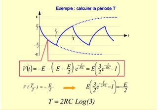 A. Oumnad - Ecole Mohammadia d'Ingénieurs 20
Exemple : calculer la période T
Exemple : calculer la période T
t
E
2
E
2
E
−
-E
2
T
T
( ) ( ) ⎟
⎠
⎞
⎜
⎝
⎛ −
=
−
−
−
−
= 1
e
2
3
E
e
2
E
E
E
t
V RC
t
-
RC
t
-
2
E
)
2
T
(
V −
=
2
E
1
e
2
3
E 2RC
T
-
−
=
⎟
⎠
⎞
⎜
⎝
⎛ −
)
3
(
Log
RC
2
T =
 