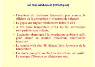 A. Oumnad - Ecole Mohammadia d'Ingénieurs 26
Les semi
Les semi-
-conducteurs (intrinsèques)
conducteurs (intrinsèques)
z Constitués de matériaux tétravalent purs comme le
silicium ou le germanium (4 électrons de valence)
z Le gap a une largeur relativement faible (1 eV)
z A très basse température (0°K), les SC intrinsèques
sont parfaitement isolants.
z L'agitation thermique à la température ambiante suffit
pour libérer un nombre d'électrons relativement
important
z La conductivité d'un SC dépend donc fortement de la
température.
z Un atome qui perd un électron devient un ion positif.
Le manque d'électron est désigné par trou.
 