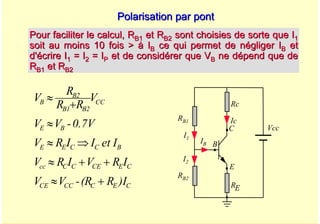 A. Oumnad - Ecole Mohammadia d'Ingénieurs 44
Polarisation par pont
Polarisation par pont
Vcc
Rc
RB1 Ic
IB
E
B
C
RE
RB2
I1
I2
Pour faciliter le calcul, R
Pour faciliter le calcul, RB1
B1 et R
et RB2
B2 sont choisies de sorte que I
sont choisies de sorte que I1
1
soit au moins 10 fois > à I
soit au moins 10 fois > à IB
B ce qui permet de négliger I
ce qui permet de négliger IB
B et
et
d'écrire I
d'écrire I1
1 = I
= I2
2 = I
= IP
P et de considérer que V
et de considérer que VB
B ne dépend que de
ne dépend que de
R
RB1
B1 et R
et RB2
B2
)I
R
R
(
-
V
V
I
R
V
I
R
V
I
et
I
I
R
V
0.7V
-
V
V
V
R
R
R
V
C
E
C
CC
CE
C
E
CE
C
C
cc
B
C
C
E
E
B
E
CC
2
B
1
B
2
B
B
+
≈
+
+
≈
⇒
≈
≈
+
≈
 