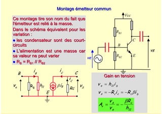 A. Oumnad - Ecole Mohammadia d'Ingénieurs 51
Montage émetteur commun
Montage émetteur commun
Gain en tension
Gain en tension
Ce montage tire son nom du fait que
Ce montage tire son nom du fait que
l'émetteur est relié à la masse.
l'émetteur est relié à la masse.
Dans le schéma équivalent pour les
Dans le schéma équivalent pour les
variation :
variation :
z
z les condensateur sont des court
les condensateur sont des court-
-
circuits
circuits
z
z L'alimentation est une masse car
L'alimentation est une masse car
sa valeur ne peut varier
sa valeur ne peut varier
z
z R
RB
B = R
= RB1
B1 // R
// RB2
B2
Vcc
E
B
C
ve
vs
ve vS
Rc
iC
RB
h11
B C
βiB
iB
iC
E
RB1
RB2
v h i
e b
= 11
v R i R i
s c c c b
= − = − β
A
v
v
R
h
v
s
e
c
= = −
β
11
 