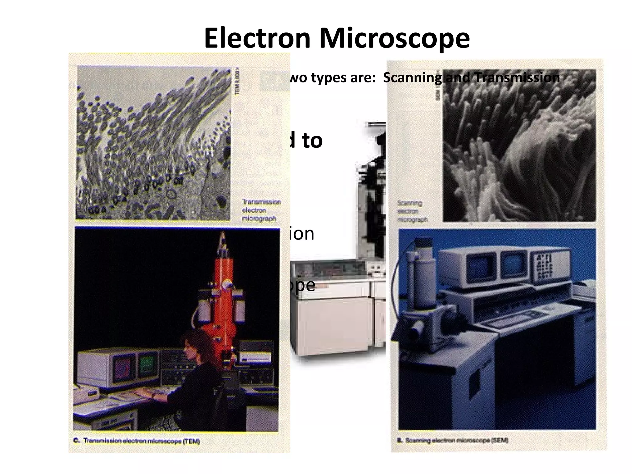 Electron Microscope Uses a magnetic field to bend beams of electrons; greater magnification & resolving power   than light microscope The two types are:  Scanning and Transmission 