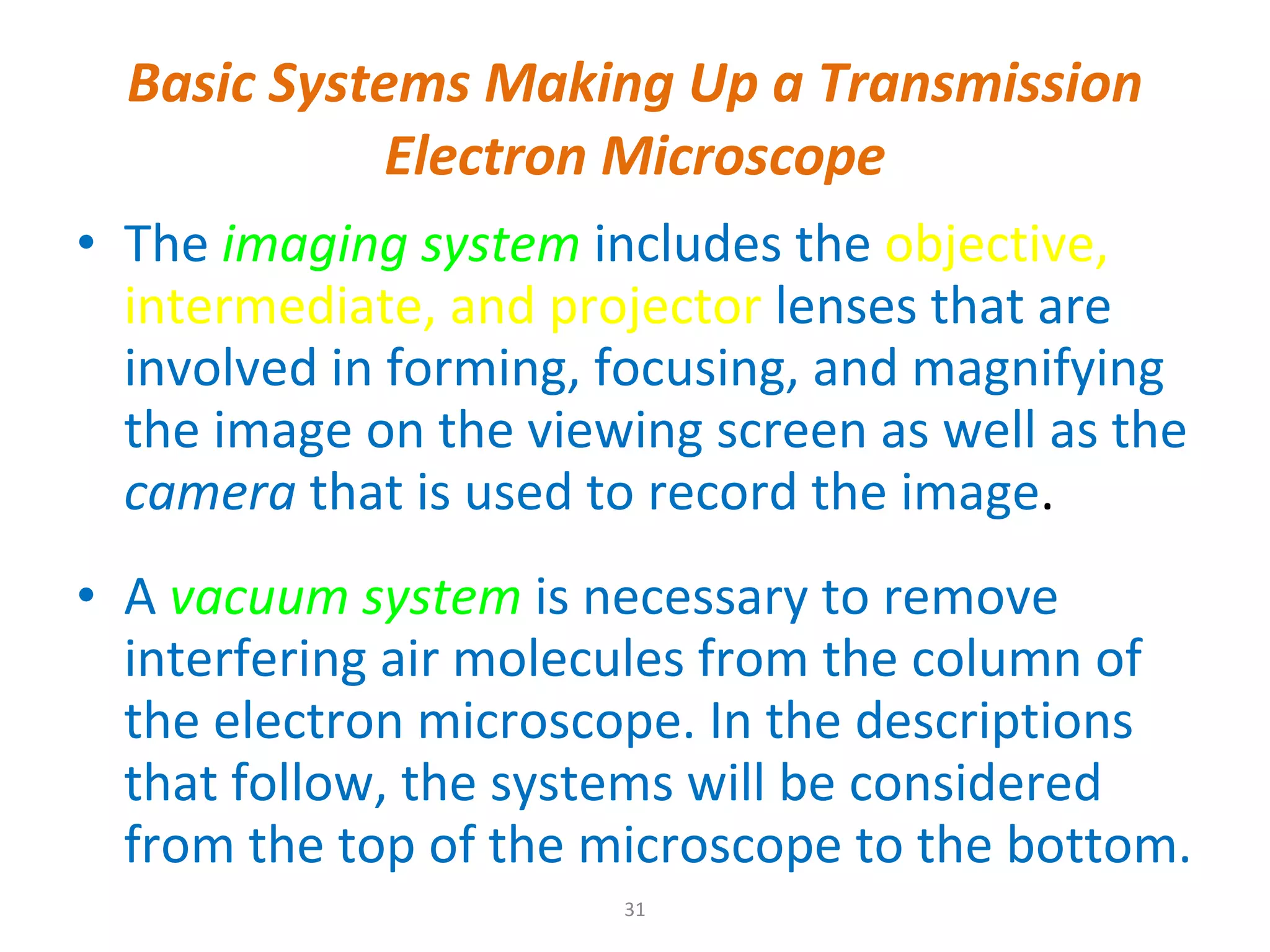 Basic Systems Making Up a Transmission Electron Microscope The   imaging system   includes the  objective,   intermediate, and projector   lenses that are involved in forming, focusing, and magnifying the image on the viewing screen as well as the  camera  that is used to record the image . A  vacuum system   is necessary to remove interfering air molecules from the column of the electron microscope. In the descriptions that follow, the systems will be considered from the top of the microscope to the bottom.   