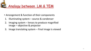 Analogy between LM & TEM
• Arrangement & function of their components
1. Illuminating system – source & condenser
2. Imaging system – lenses to produce magnified
image – objective & projector
3. Image translating system – Final image is viewed
14
 