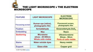 THE LIGHT MICROSCOPE v THE ELECTRON
MICROSCOPE
Copper gridGlass slideSupport
Heavy metalsWater soluble dyesStains
Ultramicrotome
Slices - 50nm
Parts of cells visible
Microtome
slices - 20 000nm
Whole cells visible
Sectioning
ResinWaxEmbedding
Glutaraldehyde,OsO4formaldehydeFixation
ELECTRON
MICROSCOPE
LIGHT MICROSCOPEFEATURE
© 2007 Paul Billiet ODWS
Focussing screen
Human eye (retina),
photographic film
Fluorescent screen,
photographic film
16
 