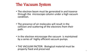 The Vacuum System
• The electron beam must be generated in and traverse
through the microscope column under a high vacuum
condition.
• The presence of air molecules will result in the
collision and scattering of the electrons from their
path.
• In the electron microscope the vacuum is maintained
by a series of highly efficient vacuum pumps.
• THE VACUUM FACTOR: Biological material must be
properly fixed and preserved 20
 