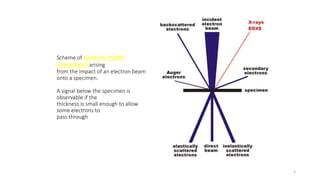 Scheme of electron-matter
interactions arising
from the impact of an electron beam
onto a specimen.
A signal below the specimen is
observable if the
thickness is small enough to allow
some electrons to
pass through
3
 