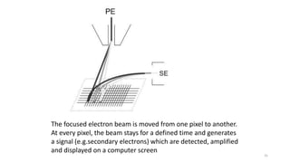 The focused electron beam is moved from one pixel to another.
At every pixel, the beam stays for a defined time and generates
a signal (e.g.secondary electrons) which are detected, amplified
and displayed on a computer screen
31
 