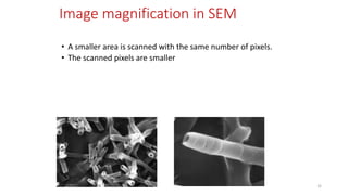 • A smaller area is scanned with the same number of pixels.
• The scanned pixels are smaller
Image magnification in SEM
32
 