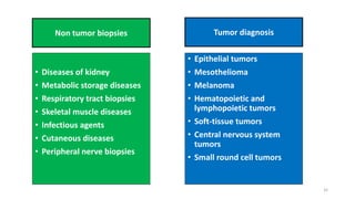 • Diseases of kidney
• Metabolic storage diseases
• Respiratory tract biopsies
• Skeletal muscle diseases
• Infectious agents
• Cutaneous diseases
• Peripheral nerve biopsies
• Epithelial tumors
• Mesothelioma
• Melanoma
• Hematopoietic and
lymphopoietic tumors
• Soft-tissue tumors
• Central nervous system
tumors
• Small round cell tumors
Non tumor biopsies Tumor diagnosis
35
 