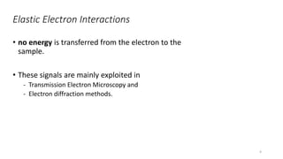 Elastic Electron Interactions
• no energy is transferred from the electron to the
sample.
• These signals are mainly exploited in
- Transmission Electron Microscopy and
- Electron diffraction methods.
4
 