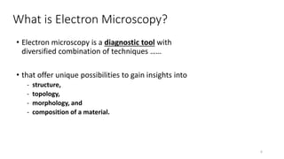 What is Electron Microscopy?
• Electron microscopy is a diagnostic tool with
diversified combination of techniques ……
• that offer unique possibilities to gain insights into
- structure,
- topology,
- morphology, and
- composition of a material.
6
 