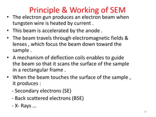 Principle & Working of SEM
• The electron gun produces an electron beam when
tungsten wire is heated by current .
• This beam is accelerated by the anode .
• The beam travels through electromagnetic fields &
lenses , which focus the beam down toward the
sample .
• A mechanism of deflection coils enables to guide
the beam so that it scans the surface of the sample
in a rectangular frame .
• When the beam touches the surface of the sample ,
it produces :
- Secondary electrons (SE)
- Back scattered electrons (BSE)
- X- Rays …
23
 
