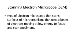 Scanning Electron Microscope (SEM)
• type of electron microscope that scans
surfaces of microorganisms that uses a beam
of electrons moving at low energy to focus
and scan specimens.
 