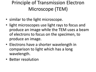 Principle of Transmission Electron
Microscope (TEM)
• similar to the light microscope.
• light microscopes use light rays to focus and
produce an image while the TEM uses a beam
of electrons to focus on the specimen, to
produce an image.
• Electrons have a shorter wavelength in
comparison to light which has a long
wavelength.
• Better resolution
 