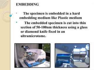 EMBEDDING
• The specimen is embedded in a hard
embedding medium like Plastic medium
 The embedded specimen is cut into thin
section of 50-100nm thickness using a glass
or diamond knife fixed in an
ultramicrotome.
Ultramicrotome
 