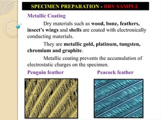Metallic Coating
Dry materials such as wood, bone, feathers,
insect’s wings and shells are coated with electronically
conducting materials.
They are metallic gold, platinum, tungsten,
chromium and graphite.
Metallic coating prevents the accumulation of
electrostatic charges on the specimen.
Penguin feather Peacock feather
SPECIMEN PREPARATION - DRY SAMPLE
 