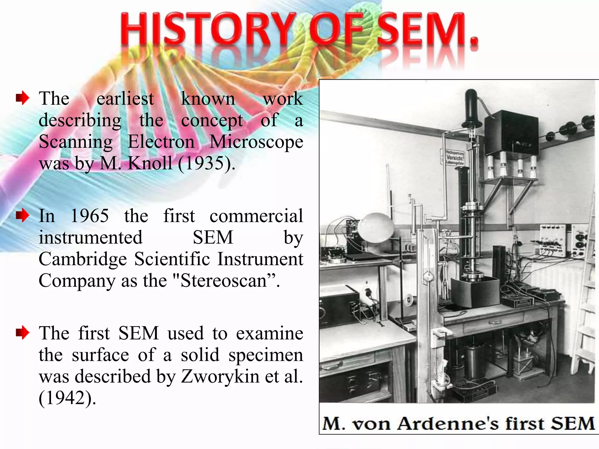 The earliest known work
describing the concept of a
Scanning Electron Microscope
was by M. Knoll (1935).
In 1965 the first commercial
instrumented SEM by
Cambridge Scientific Instrument
Company as the "Stereoscan”.
The first SEM used to examine
the surface of a solid specimen
was described by Zworykin et al.
(1942).
 