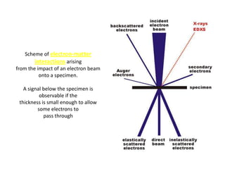 Scheme of electron-matter
        interactions arising
from the impact of an electron beam
          onto a specimen.

   A signal below the specimen is
          observable if the
 thickness is small enough to allow
         some electrons to
            pass through
 