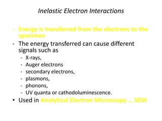 Inelastic Electron Interactions

- Energy is transferred from the electrons to the
  specimen
- The energy transferred can cause different
  signals such as
  -   X-rays,
  -   Auger electrons
  -   secondary electrons,
  -   plasmons,
  -   phonons,
  -   UV quanta or cathodoluminescence.
• Used in Analytical Electron Microscopy … SEM
 