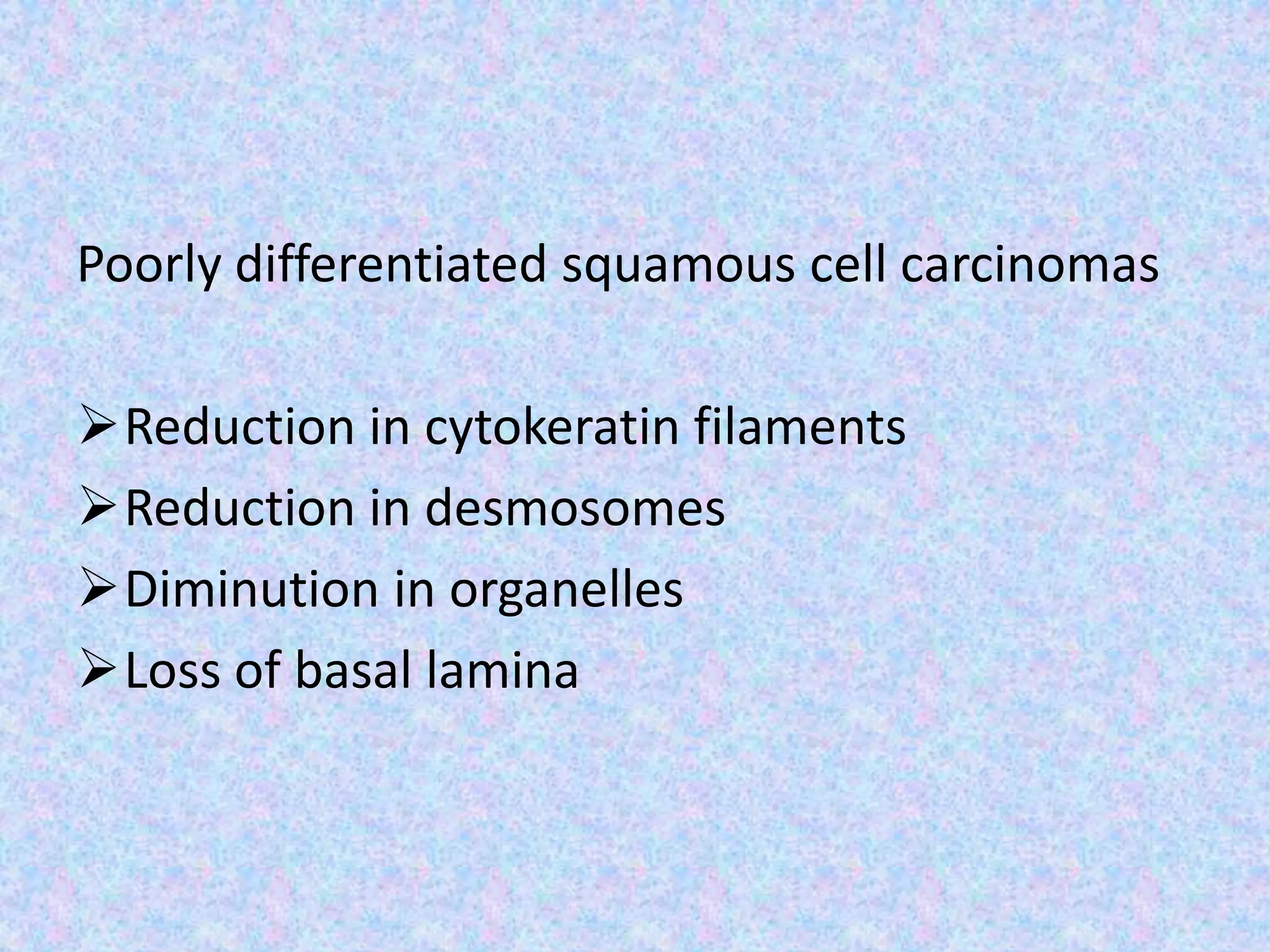 Poorly differentiated squamous cell carcinomas

Reduction in cytokeratin filaments
Reduction in desmosomes
Diminution in organelles
Loss of basal lamina
 