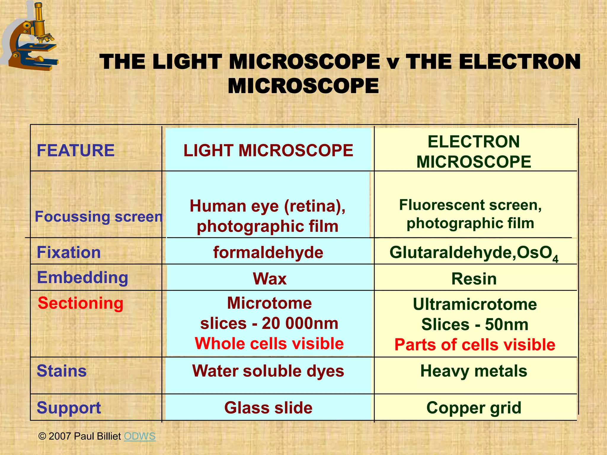 THE LIGHT MICROSCOPE v THE ELECTRON
                      MICROSCOPE

                                                      ELECTRON
FEATURE                    LIGHT MICROSCOPE
                                                     MICROSCOPE

                           Human eye (retina),     Fluorescent screen,
Focussing screen                                    photographic film
                            photographic film
Fixation                      formaldehyde        Glutaraldehyde,OsO4
Embedding                          Wax                   Resin
Sectioning                      Microtome           Ultramicrotome
                            slices - 20 000nm        Slices - 50nm
                            Whole cells visible   Parts of cells visible
Stains                     Water soluble dyes        Heavy metals

Support                        Glass slide            Copper grid
© 2007 Paul Billiet ODWS
 